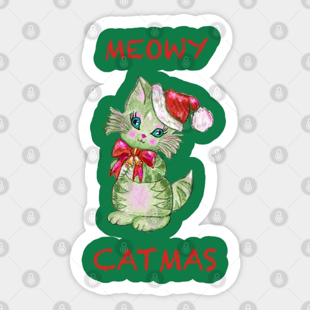 Meowy Catmas stripped tabby cat with santa hat Sticker by Peaceful Pigments
